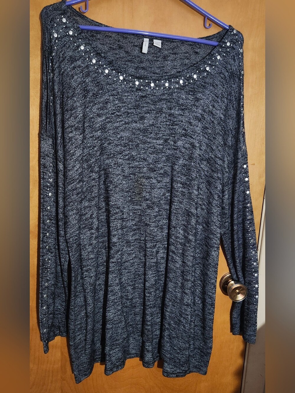 Women's Long Sleeve Metal Embellishment Peek-a-boo Knit Top - Charcoal